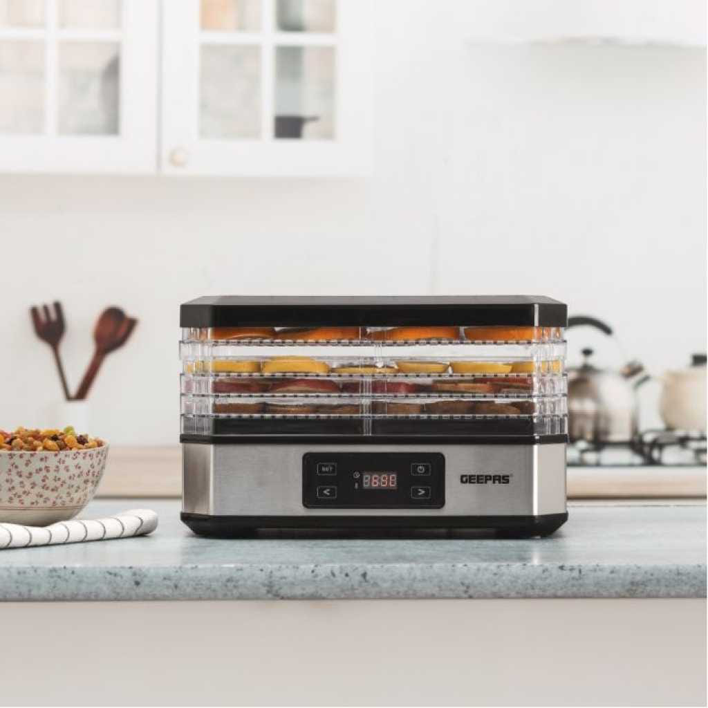 img_4399 Geepas 520w Digital Food Dehydrator – Food Dryer With 5 Large Trays, Adjustable Temperature & Timer Settings - Image 1