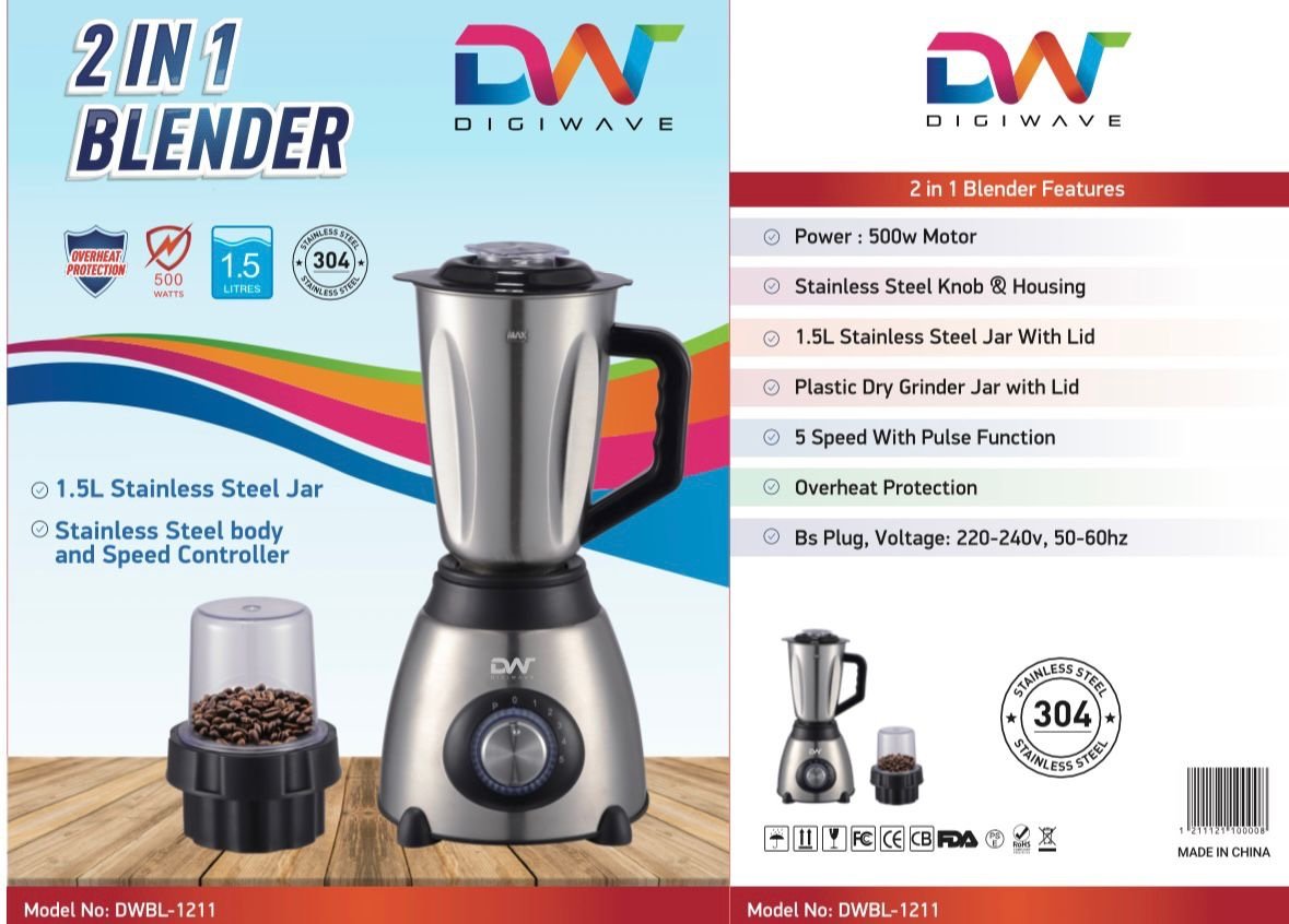 img_4565 Digiwave DWBL1211 2IN1 Blender 1.5Ltrs Stainless Steel Jar, Mini Coffee Grinder/500Watts - Image 1