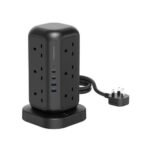 Powerology 35W Socket Tower with 15W Wireless Charger, 12 UK Sockets, 1700J Surge Protection, USB-C PD 20W & USB-A QC 18W, 3250W Rated Power, 3M Cable, Anti-Fire Material - Black