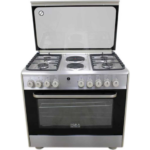 IQRA 90x60cm, 4-Gas Burners & 2 Electric Plates Cooker, Auto Ignition, Electric Oven, Dual Fan, Grill & Rotisserie – Stainless Steel